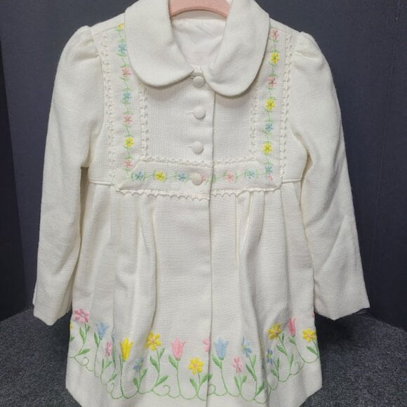 Girl's Linen Floral Embroidered Lined Coat Size 3